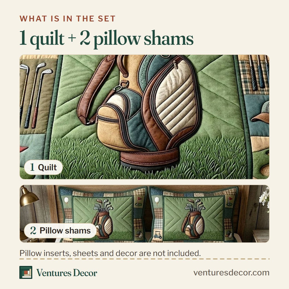 What is in the set: one quilt and two pillow shams, shown in the Fairway Club Leather Bag And Clubs On Plaid design