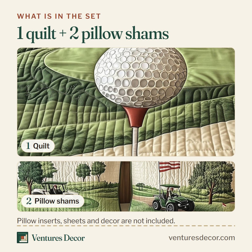What is in the set: one quilt and two pillow shams, shown in the Fairway Dreams Ball On Red Tee design