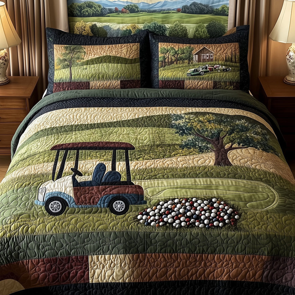 Fairway Serenity Oak Shade And Scattered Balls quilted bedding set, quilt and two pillow shams on a made bed