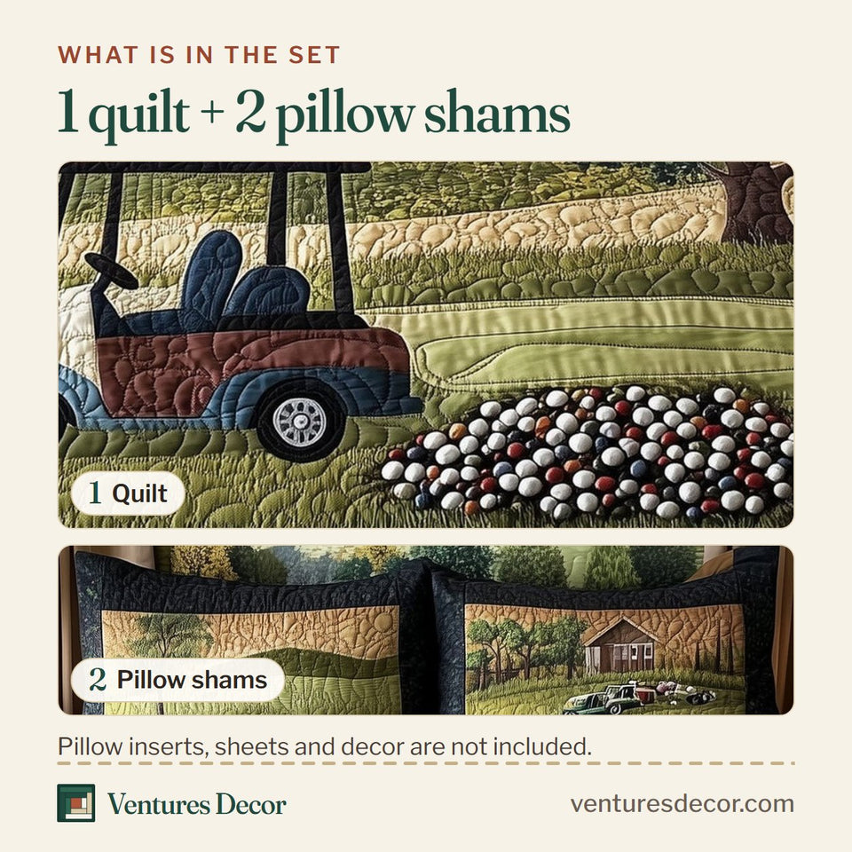 What is in the set: one quilt and two pillow shams, shown in the Fairway Serenity Oak Shade And Scattered Balls design