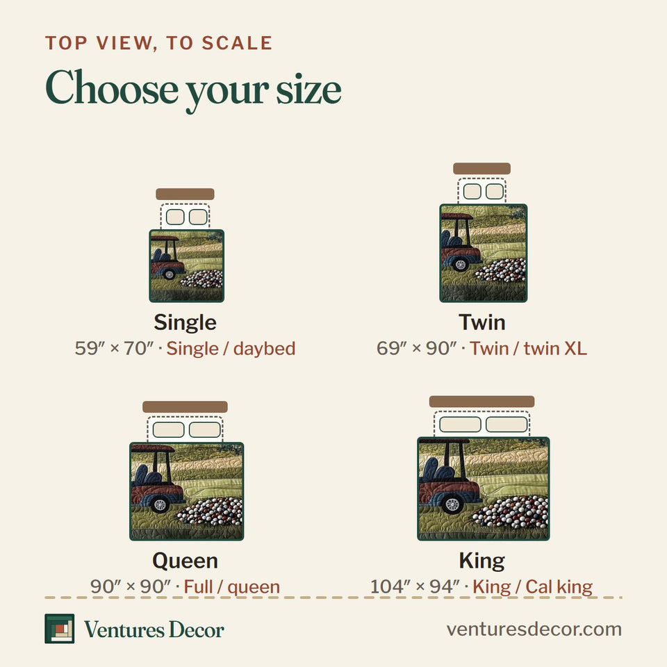 Size guide for the Fairway Serenity Oak Shade And Scattered Balls quilt, top view to scale: Single 59 x 70 in, Twin 69 x 90 in, Queen 90 x 90 in, King 104 x 94 in