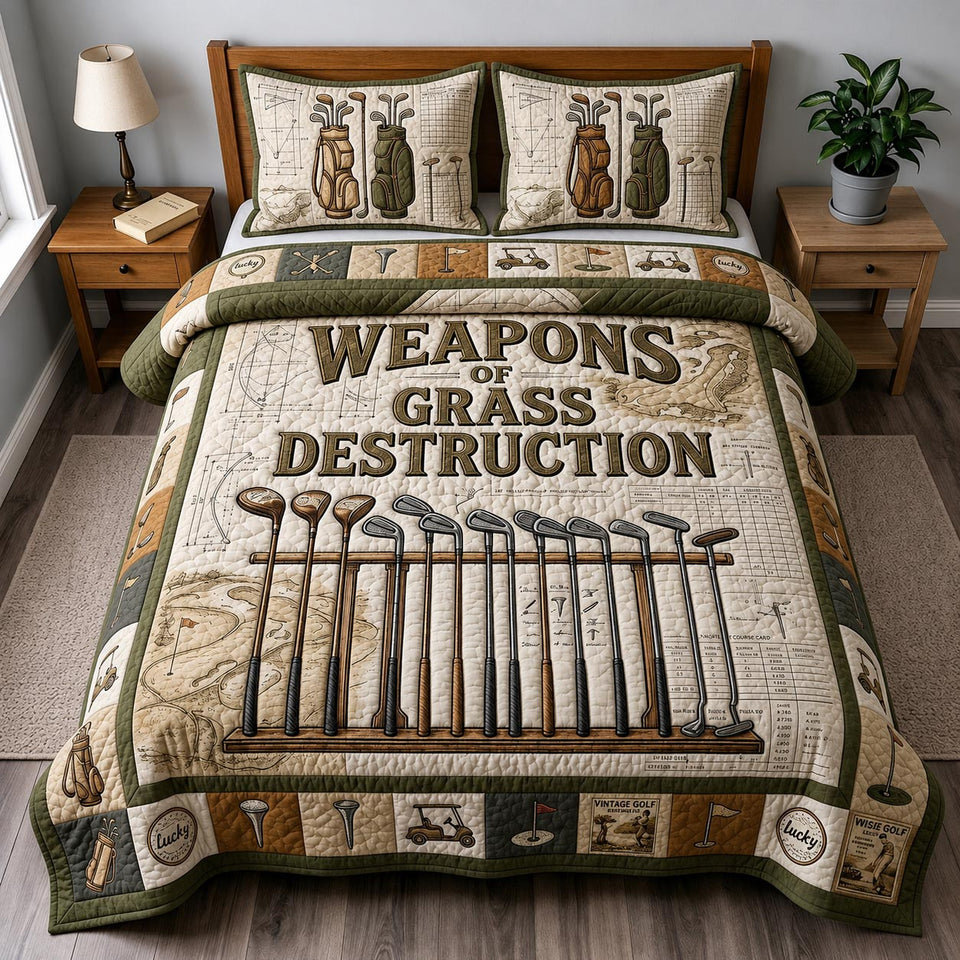 Fairway Spirit Sunburst Behind A Giant Golf Ball quilted bedding set, quilt and two pillow shams on a made bed