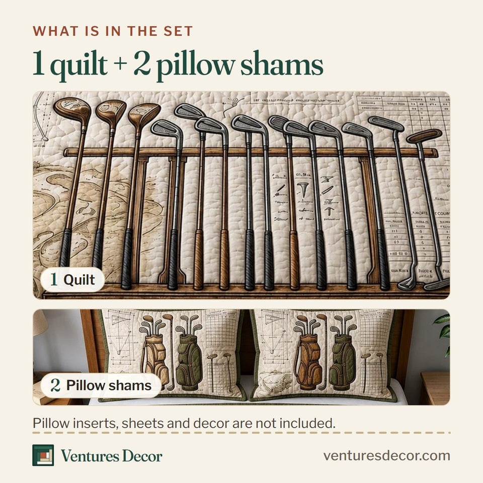 What is in the set: one quilt and two pillow shams, shown in the Fairway Spirit Sunburst Behind A Giant Golf Ball design