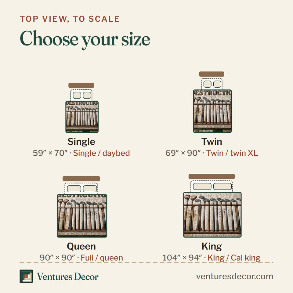Size guide for the Fairway Spirit Sunburst Behind A Giant Golf Ball quilt, top view to scale: Single 59 x 70 in, Twin 69 x 90 in, Queen 90 x 90 in, King 104 x 94 in