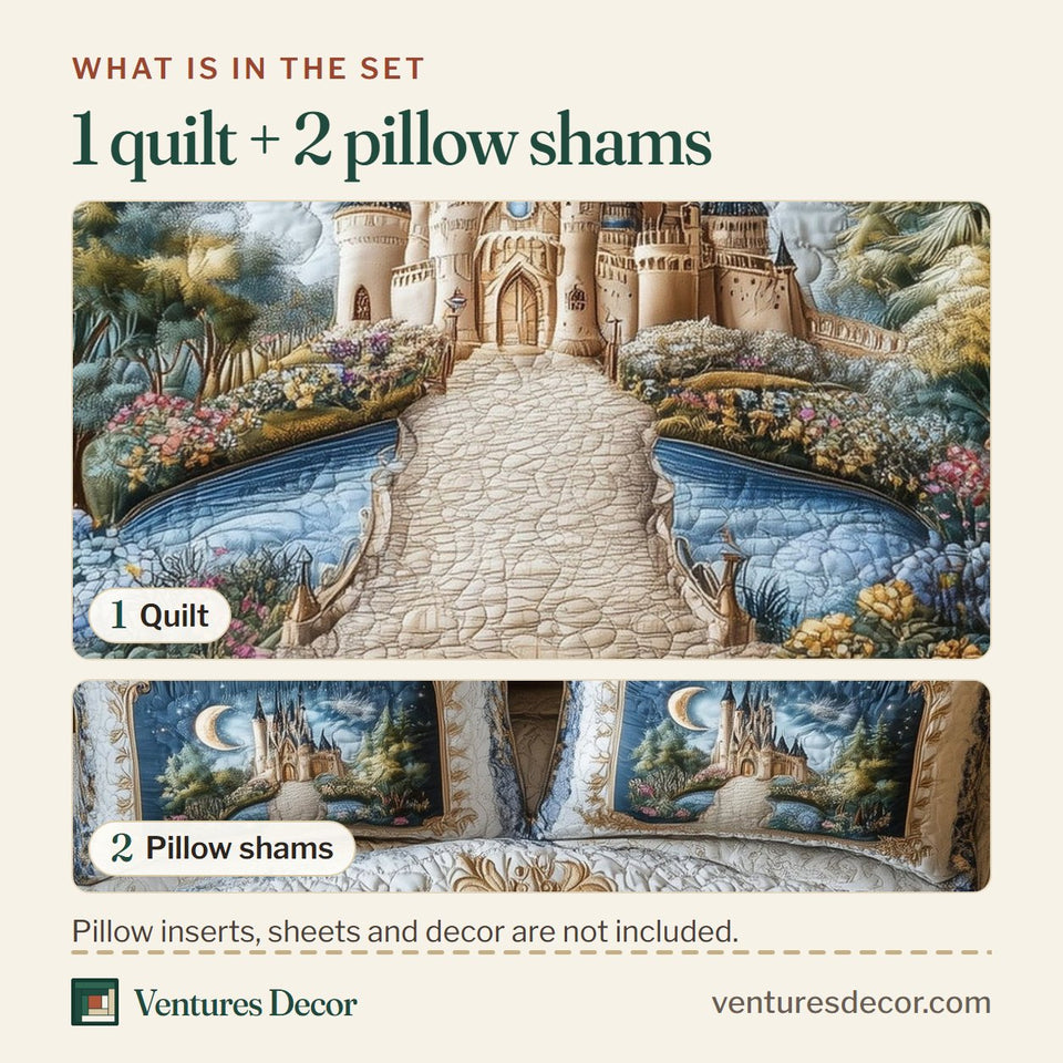 What is in the set: one quilt and two pillow shams, shown in the Fairytale Castle Crescent Moon Garden Path design