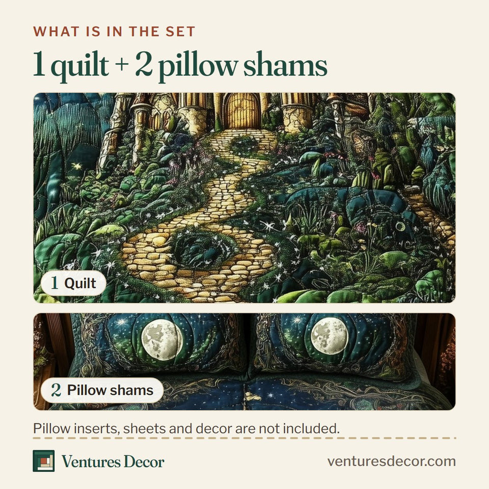What is in the set: one quilt and two pillow shams, shown in the Fairytale Castle Glowing Hilltop Path design