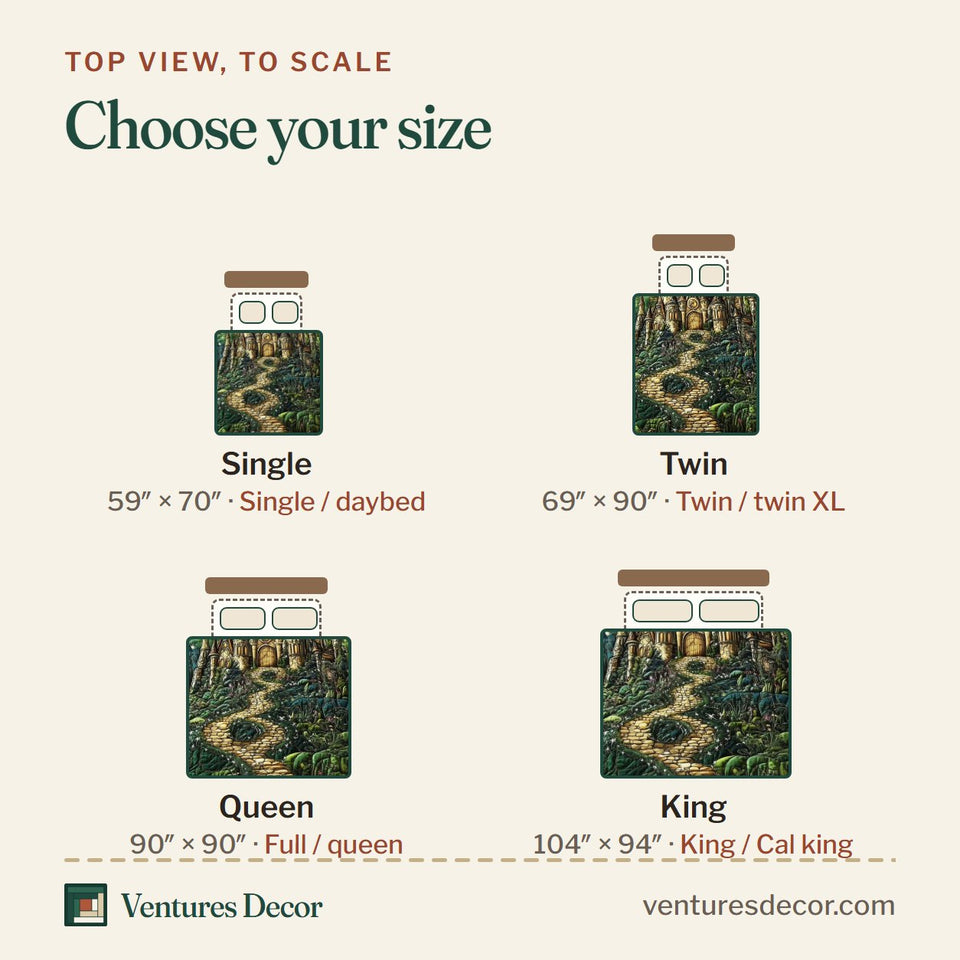 Size guide for the Fairytale Castle Glowing Hilltop Path quilt, top view to scale: Single 59 x 70 in, Twin 69 x 90 in, Queen 90 x 90 in, King 104 x 94 in