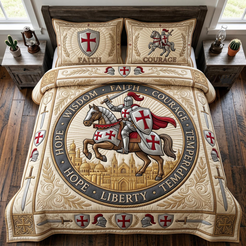Faith Armor Mounted Knight Medallion quilted bedding set, quilt and two pillow shams on a made bed