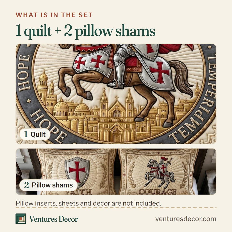 What is in the set: one quilt and two pillow shams, shown in the Faith Armor Mounted Knight Medallion design