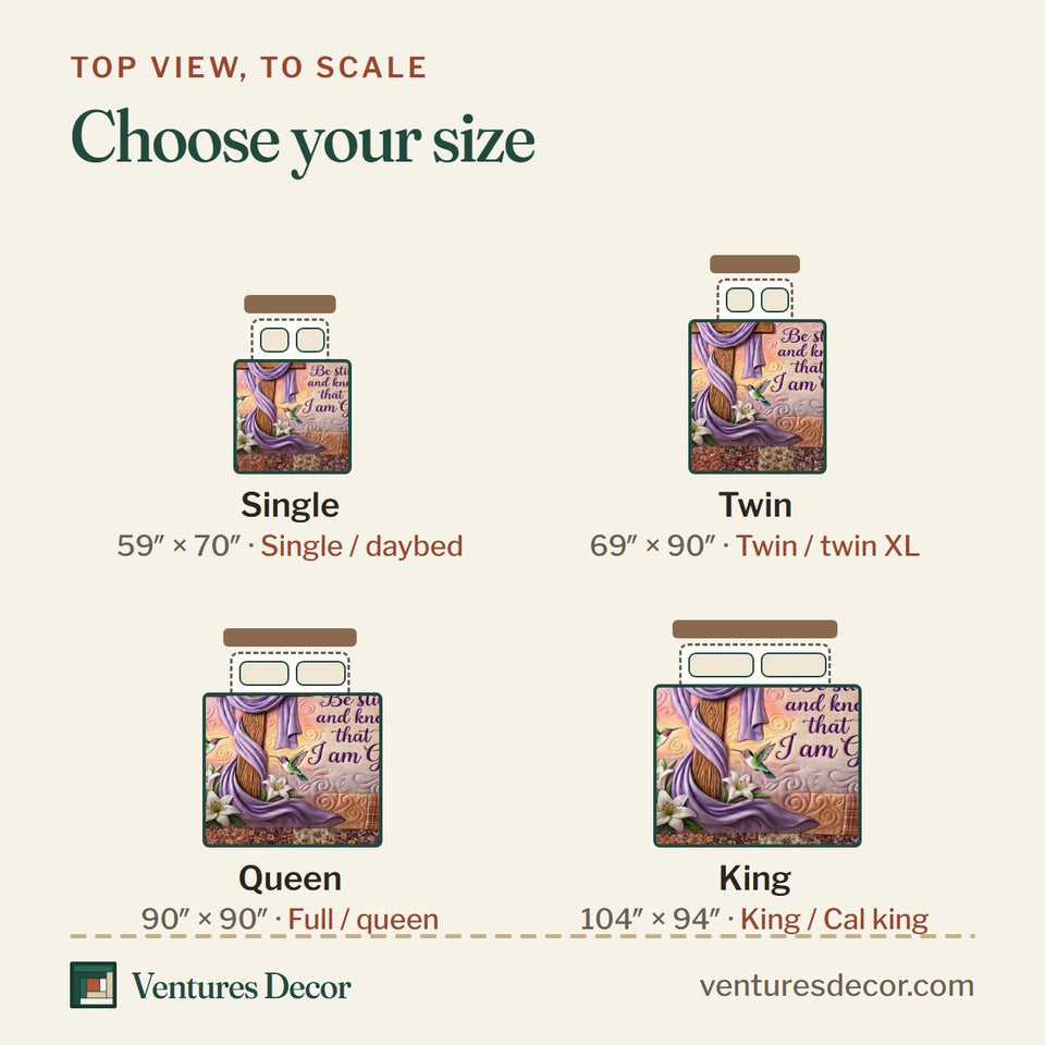 Size guide for the Faith Blossoms Wooden Cross And White Lilies On Peach quilt, top view to scale: Single 59 x 70 in, Twin 69 x 90 in, Queen 90 x 90 in, King 104 x 94 in