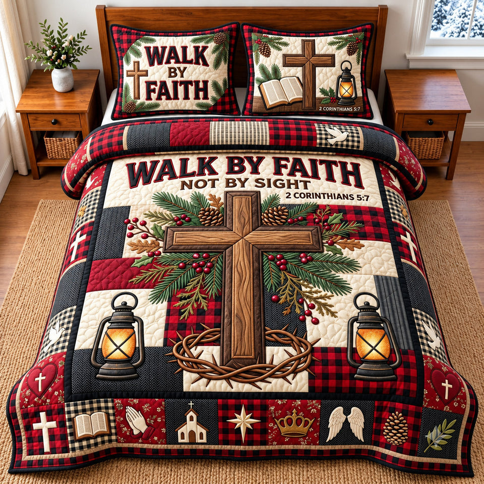 Faith Cross Christian quilted bedding set, quilt and two pillow shams on a made bed