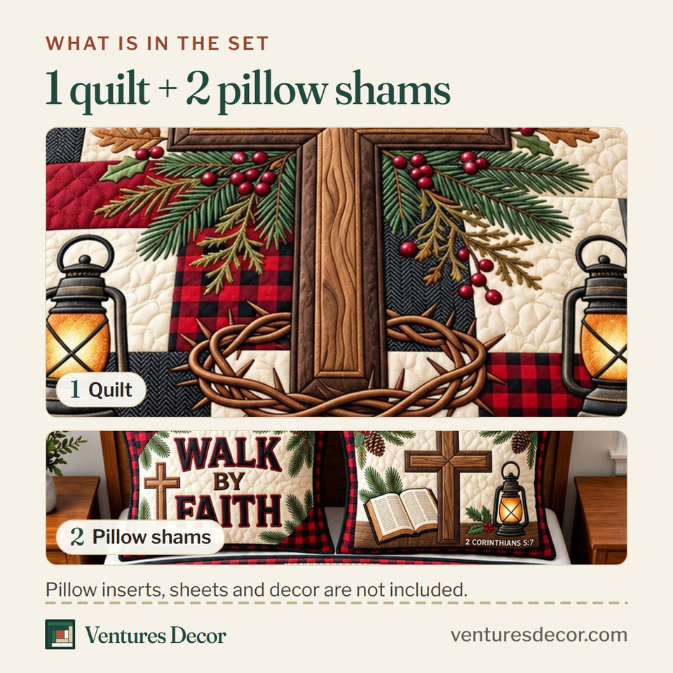 What is in the set: one quilt and two pillow shams, shown in the Faith Cross Christian Quilt Set, 3-Piece Quilted Bedding with 2 Pillow Shams design