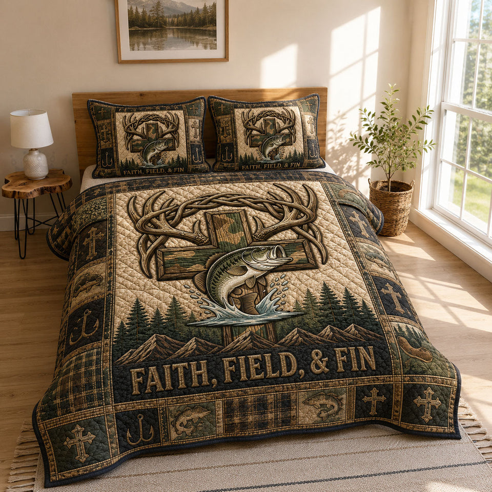 Faith Field And Fin quilted bedding set, quilt and two pillow shams on a made bed