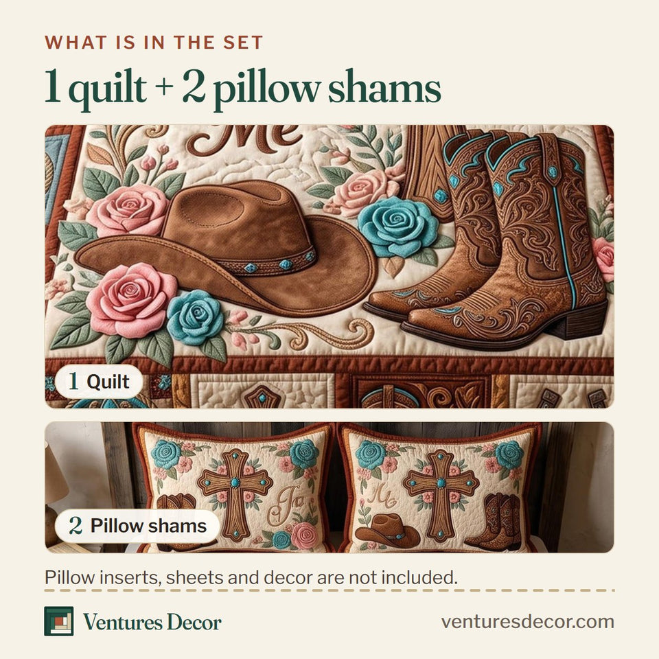 What is in the set: one quilt and two pillow shams, shown in the Faith Frontier Boots Hat And Roses design