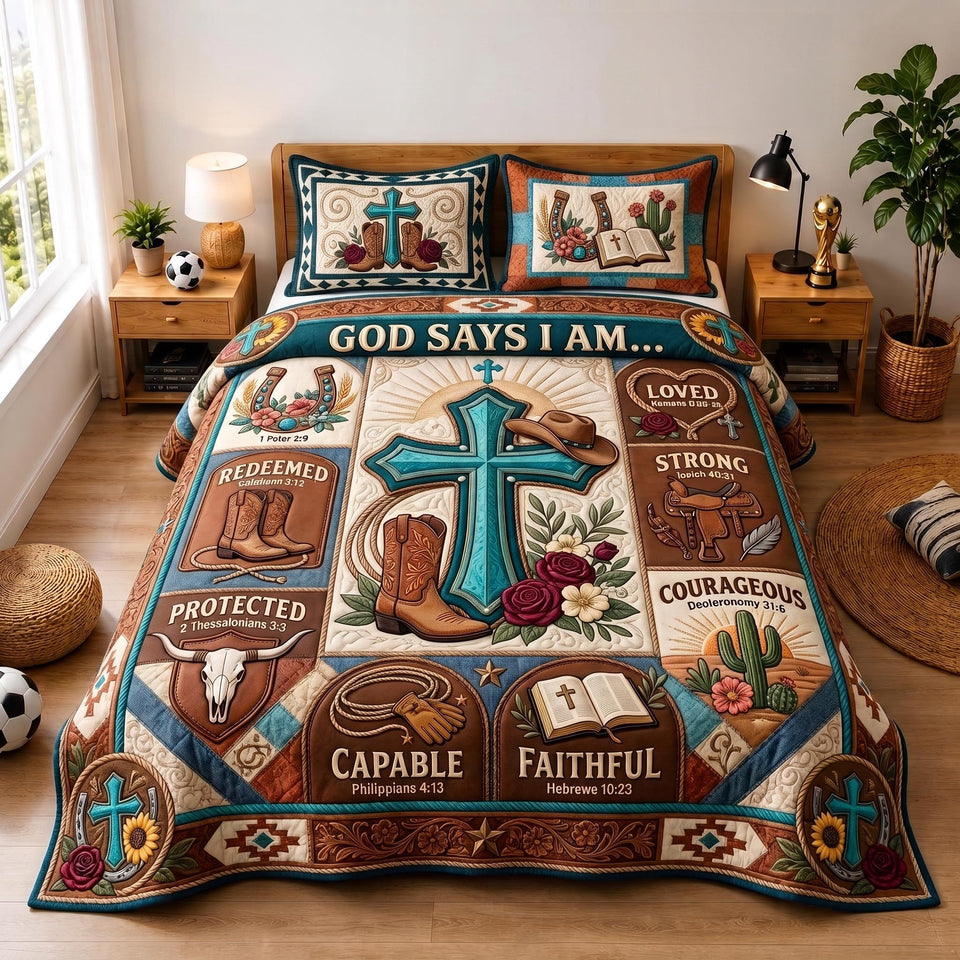 Faith Frontier Turquoise Cross Blocks quilted bedding set, quilt and two pillow shams on a made bed