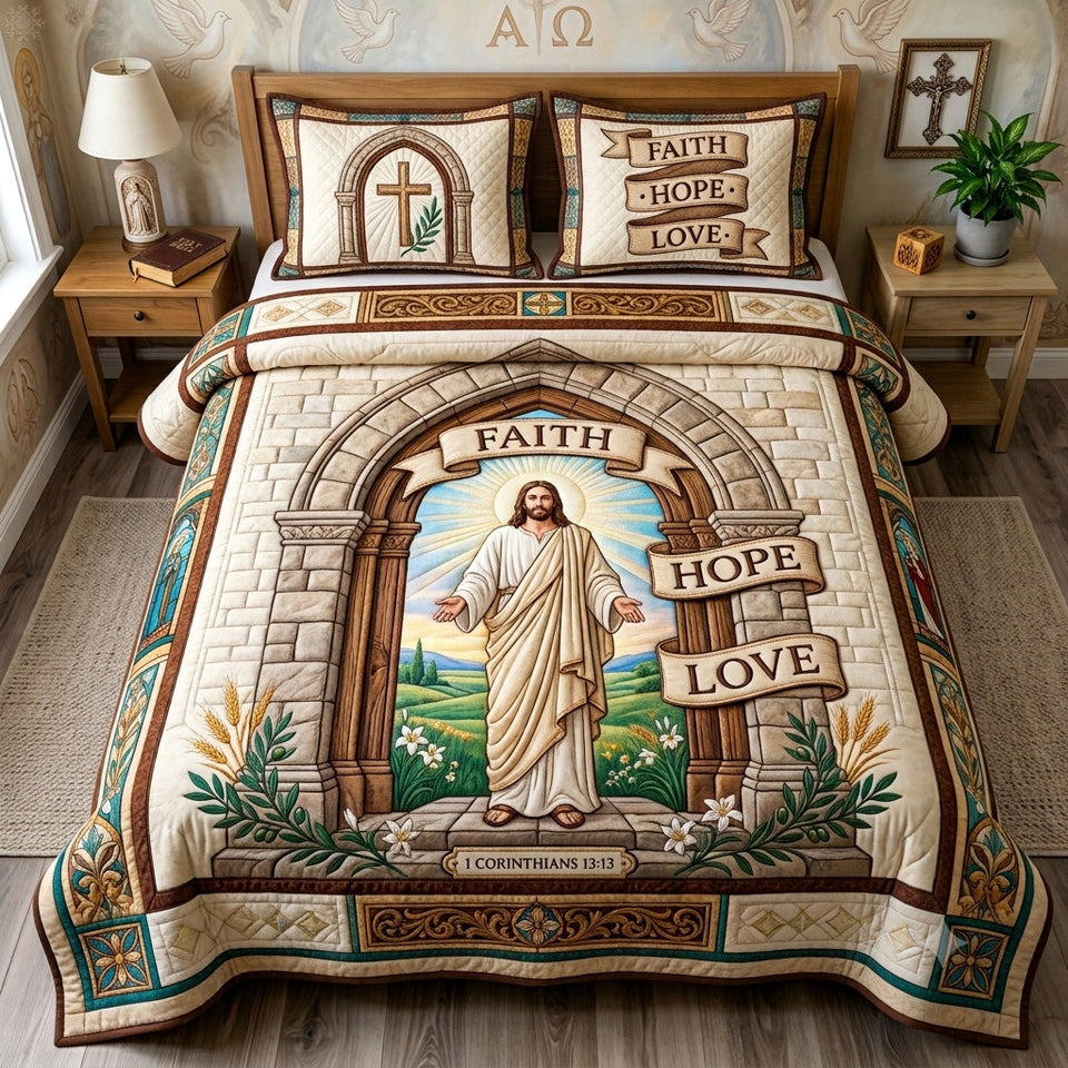 Faith Hope Love Amazing Grace quilted bedding set, quilt and two pillow shams on a made bed