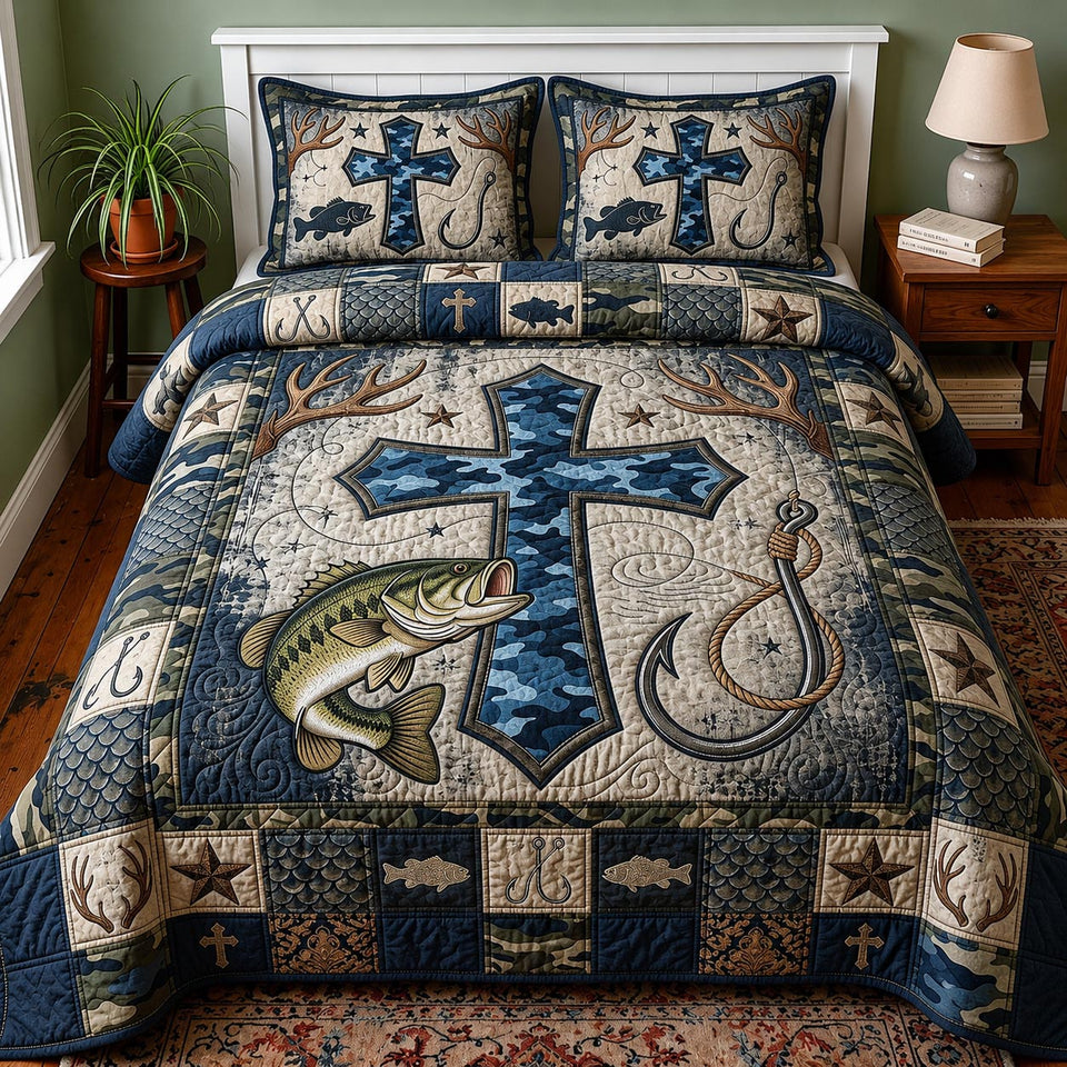 Faith Journey Denim Cross And Fishhook quilted bedding set, quilt and two pillow shams on a made bed