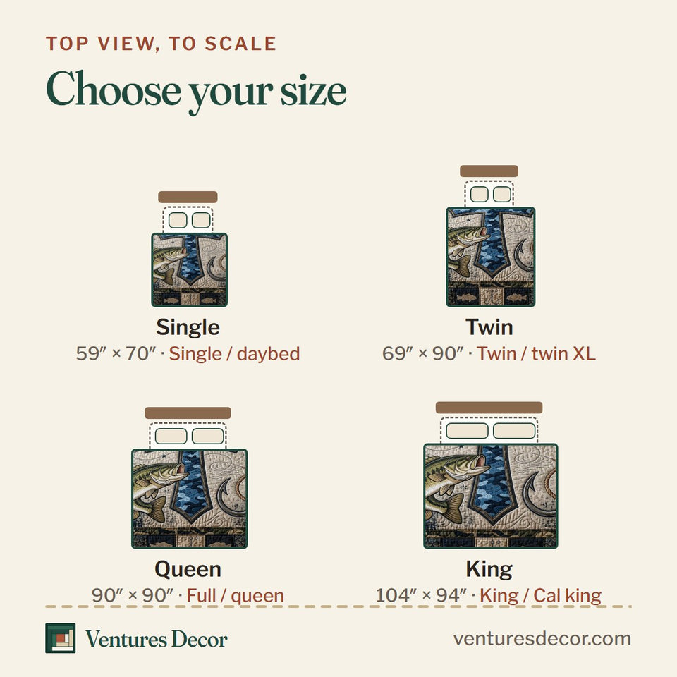 Size guide for the Faith Journey Denim Cross And Fishhook quilt, top view to scale: Single 59 x 70 in, Twin 69 x 90 in, Queen 90 x 90 in, King 104 x 94 in