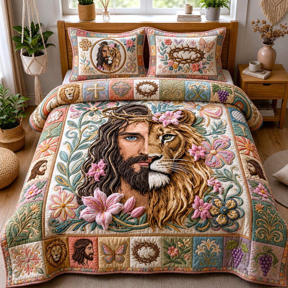 Faith Kingdom quilted bedding set, quilt and two pillow shams on a made bed