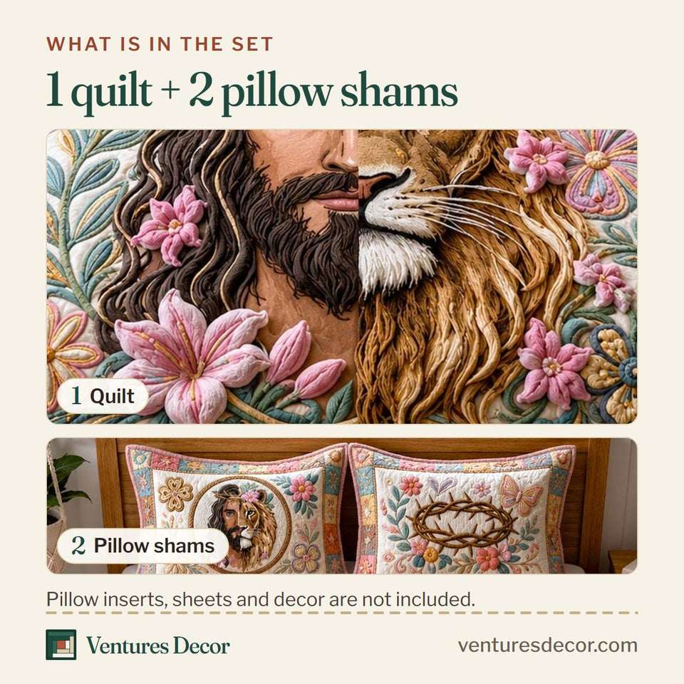 What is in the set: one quilt and two pillow shams, shown in the Faith Kingdom design
