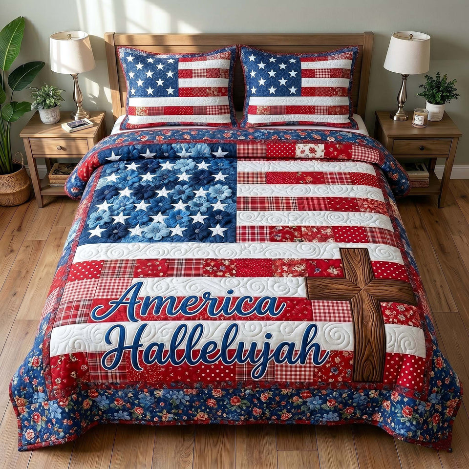 Faith Liberty Stars And Stripes With Timber Cross quilted bedding set, quilt and two pillow shams on a made bed