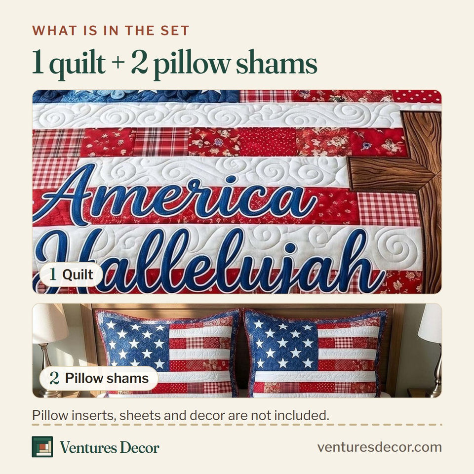 What is in the set: one quilt and two pillow shams, shown in the Faith Liberty Stars And Stripes With Timber Cross design