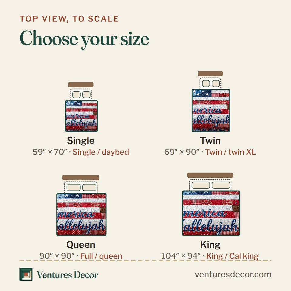 Size guide for the Faith Liberty Stars And Stripes With Timber Cross quilt, top view to scale: Single 59 x 70 in, Twin 69 x 90 in, Queen 90 x 90 in, King 104 x 94 in