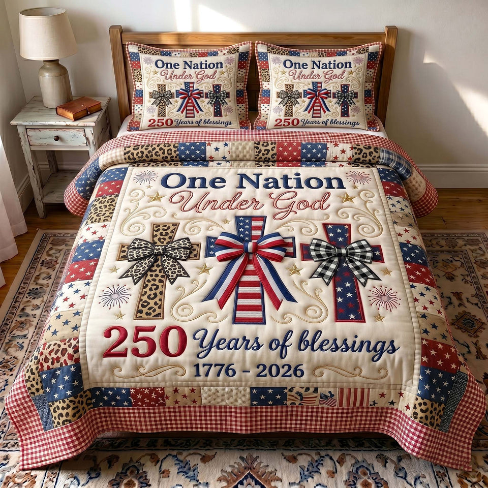 Faith Liberty Twin Crosses On Red Gingham Patchwork quilted bedding set, quilt and two pillow shams on a made bed