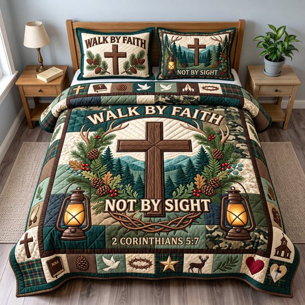 Faith Not Sight quilted bedding set, quilt and two pillow shams on a made bed