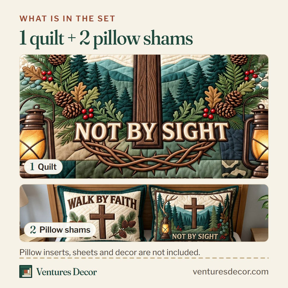 What is in the set: one quilt and two pillow shams, shown in the Faith Not Sight Quilt Set, 3-Piece Quilted Bedding with 2 Pillow Shams design