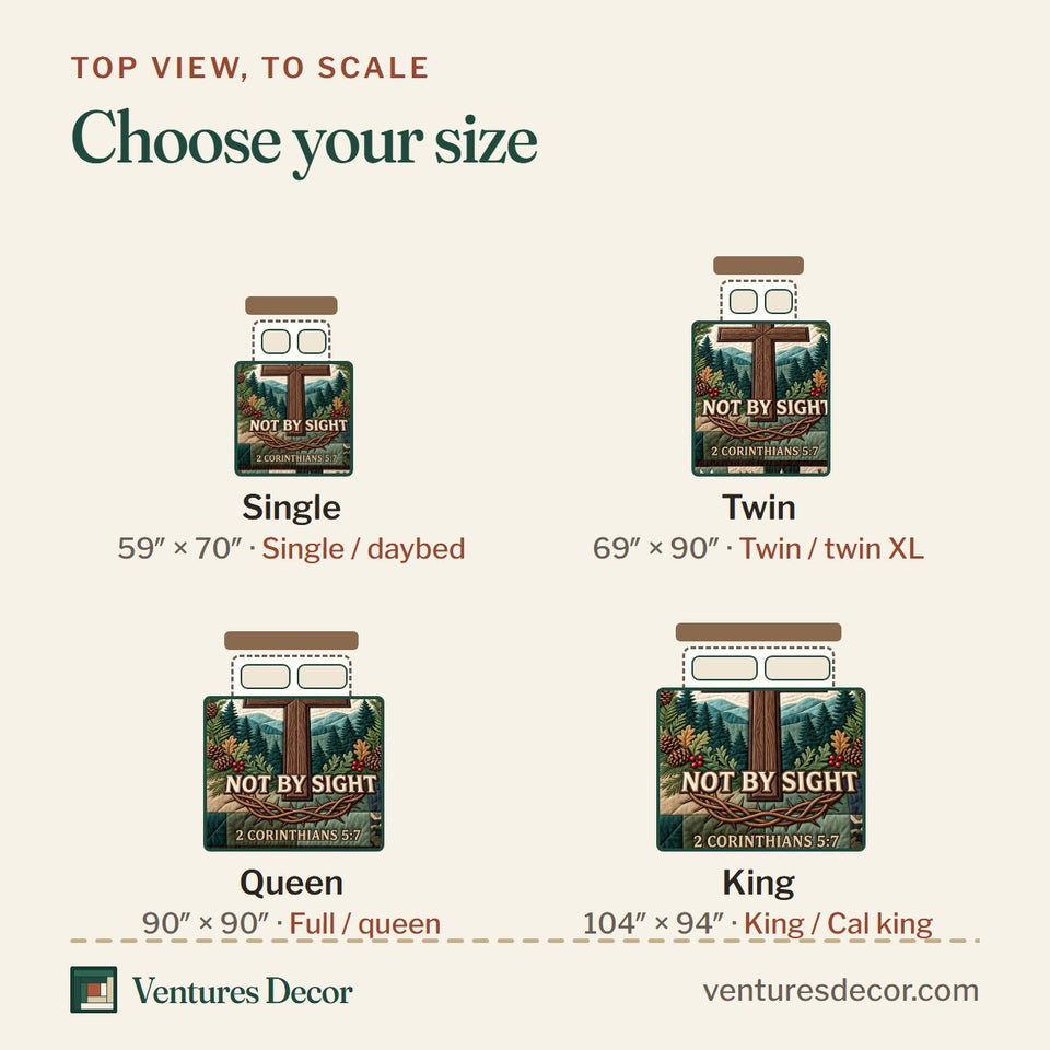 Size guide for the Faith Not Sight Quilt Set, 3-Piece Quilted Bedding with 2 Pillow Shams quilt, top view to scale: Single 59 x 70 in, Twin 69 x 90 in, Queen 90 x 90 in, King 104 x 94 in