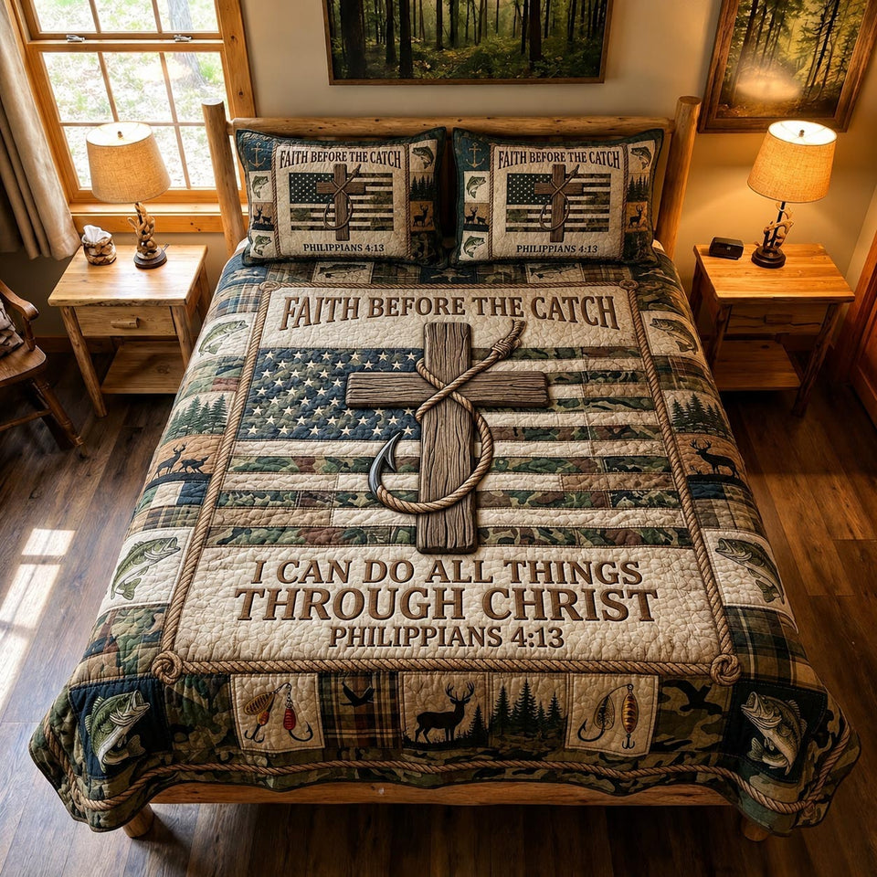 Faith Retreat quilted bedding set, quilt and two pillow shams on a made bed