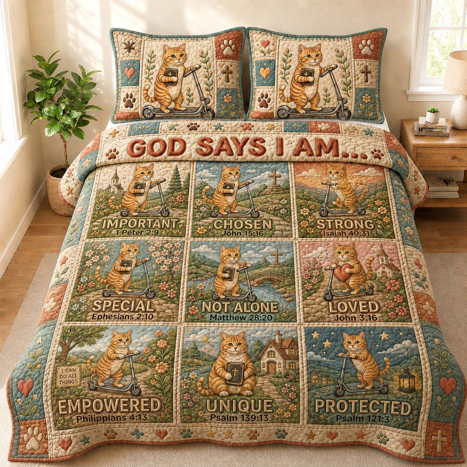 Faith Scooter Cat Affirmations quilted bedding set, quilt and two pillow shams on a made bed