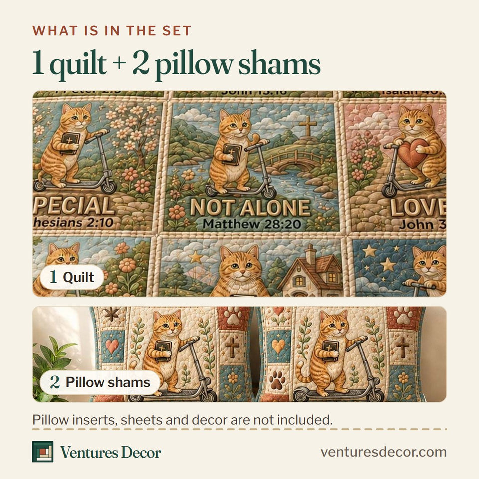 What is in the set: one quilt and two pillow shams, shown in the Faith Scooter Cat Affirmations design