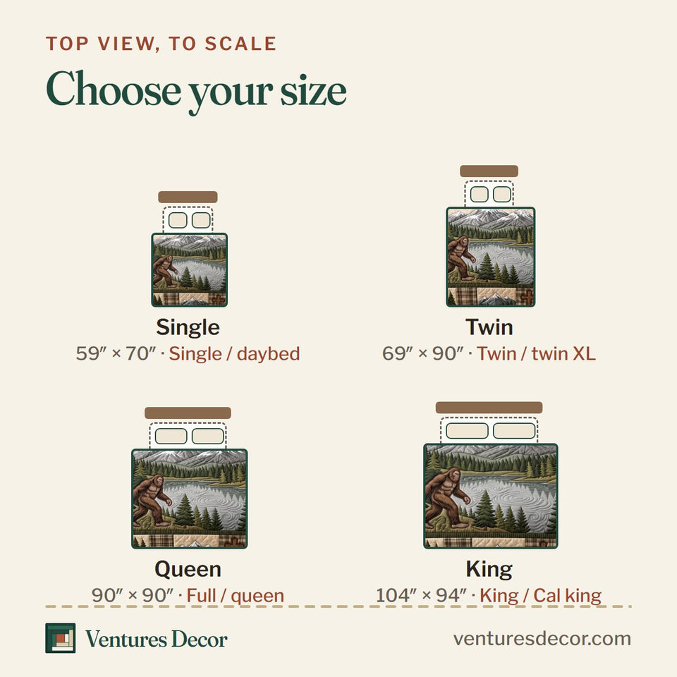 Size guide for the Faithful Bigfoot Woods quilt, top view to scale: Single 59 x 70 in, Twin 69 x 90 in, Queen 90 x 90 in, King 104 x 94 in