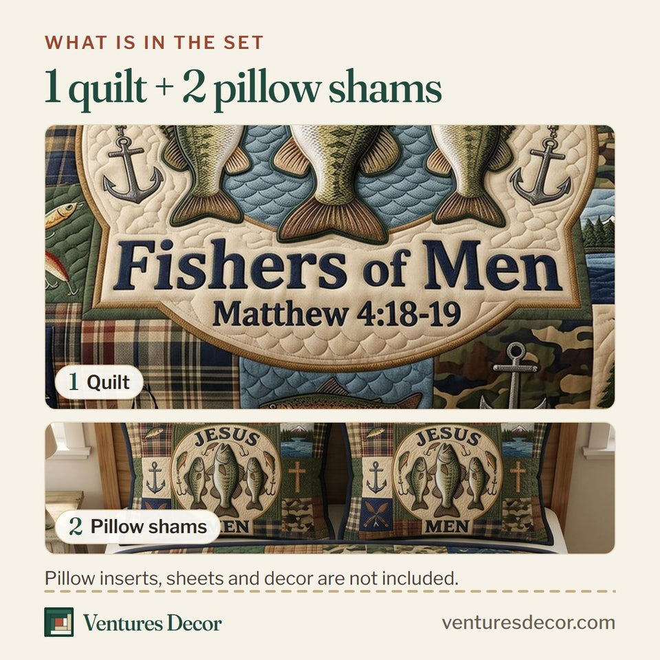 What is in the set: one quilt and two pillow shams, shown in the Faithful Fisher Olive Plaid Bass Pair design