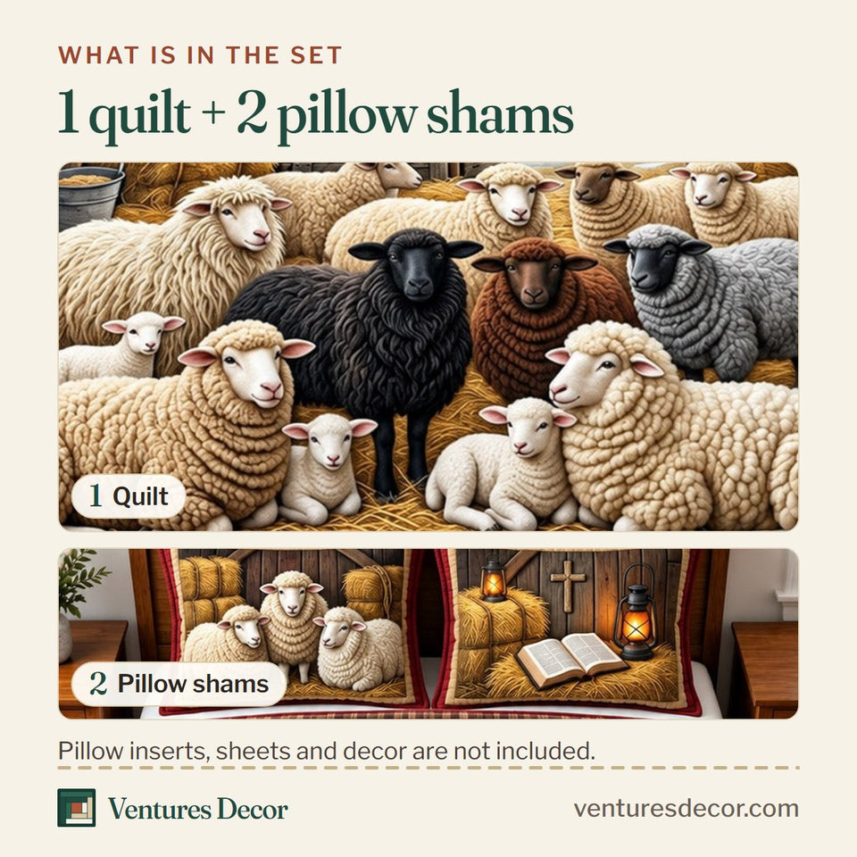 What is in the set: one quilt and two pillow shams, shown in the Faithful Flock design