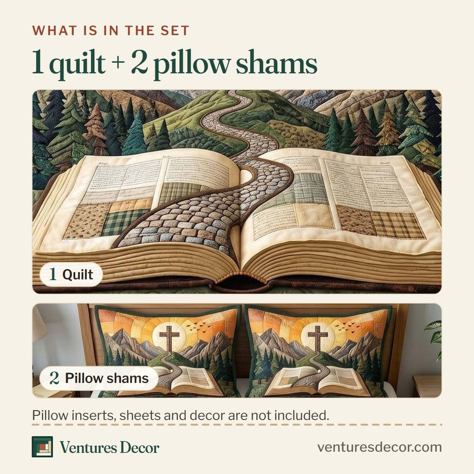 What is in the set: one quilt and two pillow shams, shown in the Faithful Forest Mountain Path Cross design