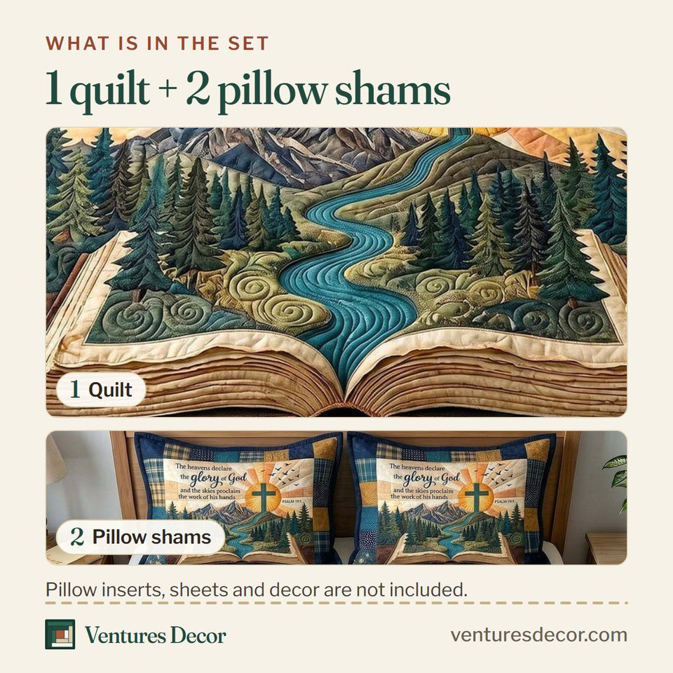 What is in the set: one quilt and two pillow shams, shown in the Faithful Forest Teal Patchwork Sunrise design