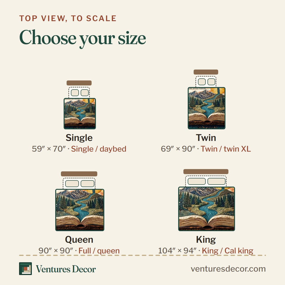 Size guide for the Faithful Forest Teal Patchwork Sunrise quilt, top view to scale: Single 59 x 70 in, Twin 69 x 90 in, Queen 90 x 90 in, King 104 x 94 in