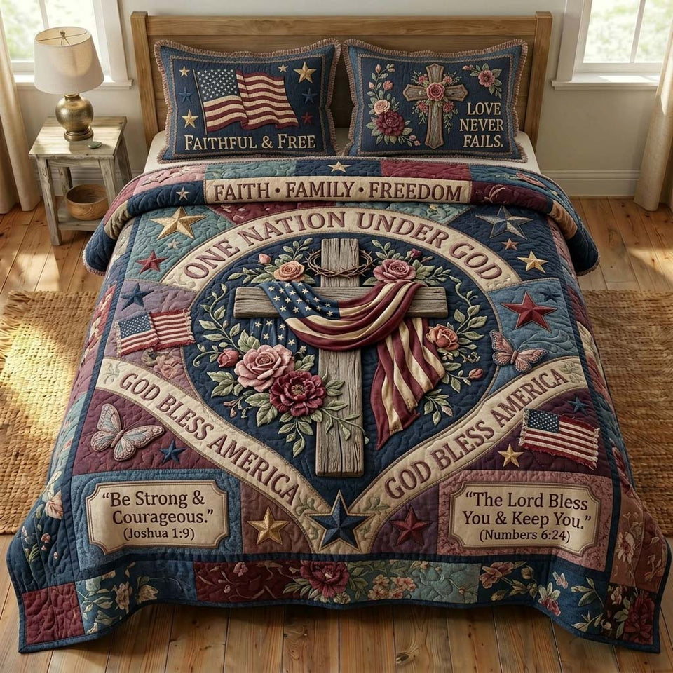 Faithful Freedom quilted bedding set, quilt and two pillow shams on a made bed