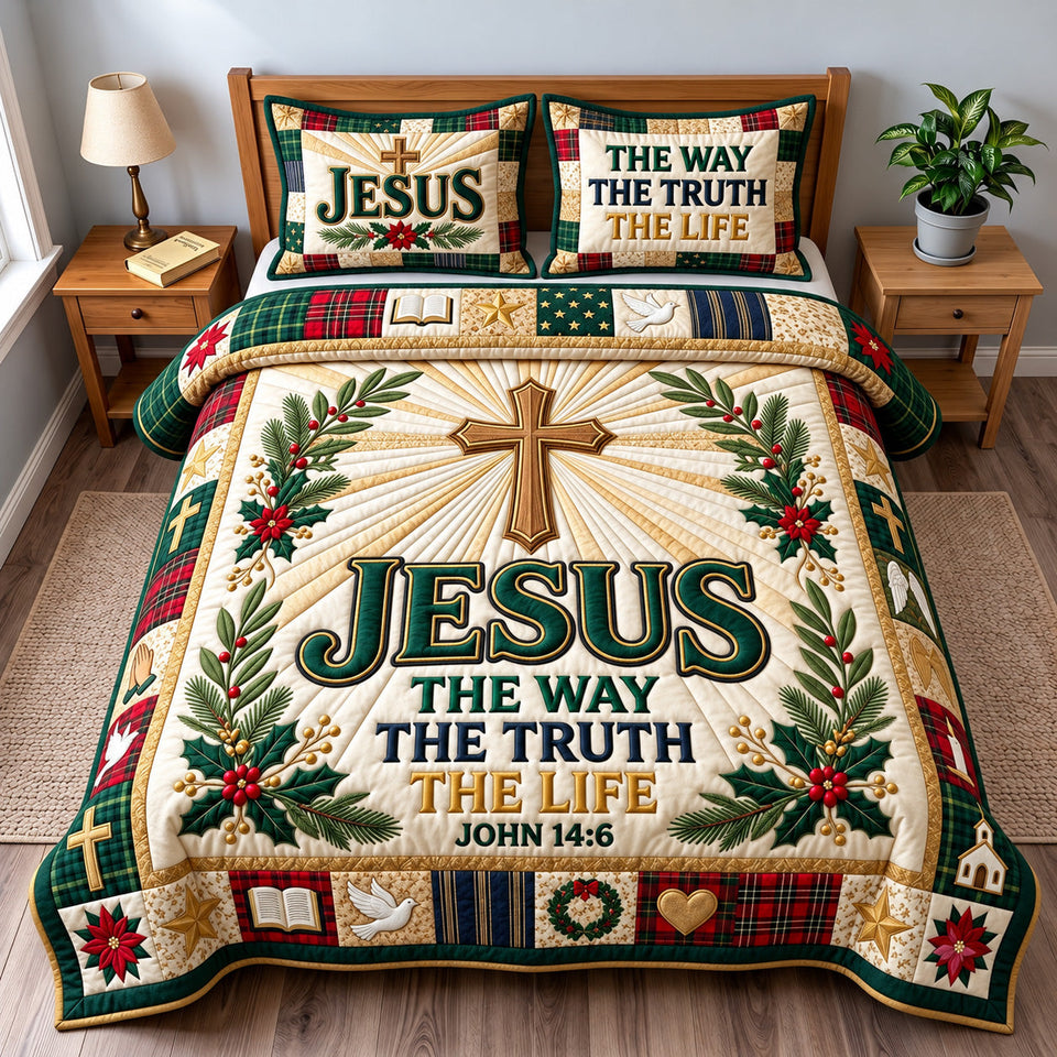 Faithful Jesus quilted bedding set, quilt and two pillow shams on a made bed