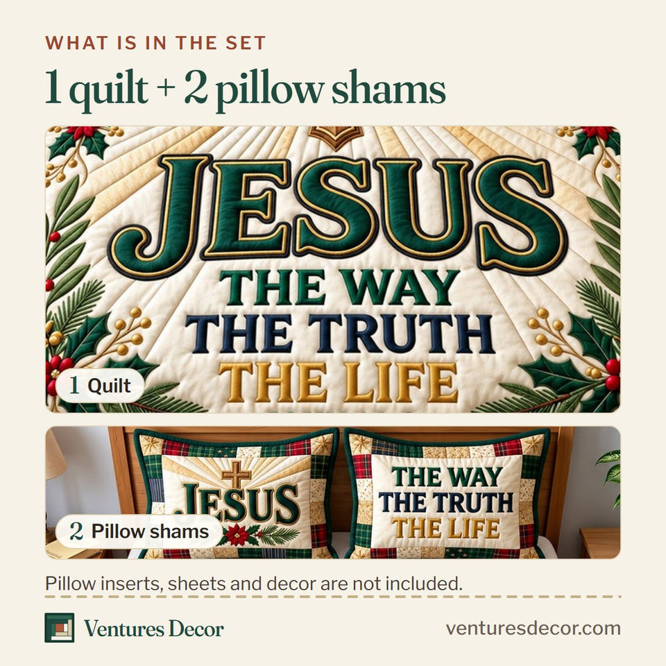 What is in the set: one quilt and two pillow shams, shown in the Faithful Jesus Quilt Set, 3-Piece Quilted Bedding with 2 Pillow Shams design