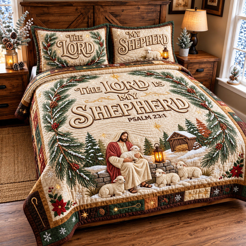 Faithful Shepherd Christian quilted bedding set, quilt and two pillow shams on a made bed