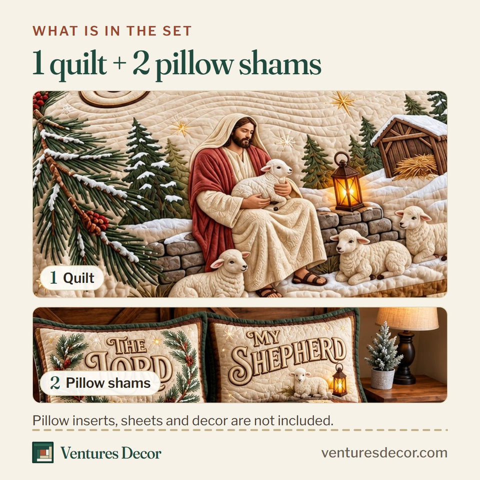 What is in the set: one quilt and two pillow shams, shown in the Faithful Shepherd Christian Quilt Set, 3-Piece Quilted Bedding with 2 Pillow Shams design