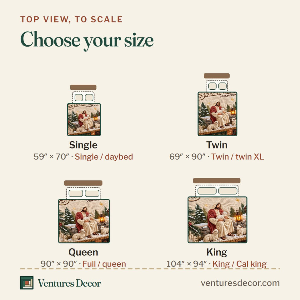 Size guide for the Faithful Shepherd Christian Quilt Set, 3-Piece Quilted Bedding with 2 Pillow Shams quilt, top view to scale: Single 59 x 70 in, Twin 69 x 90 in, Queen 90 x 90 in, King 104 x 94 in