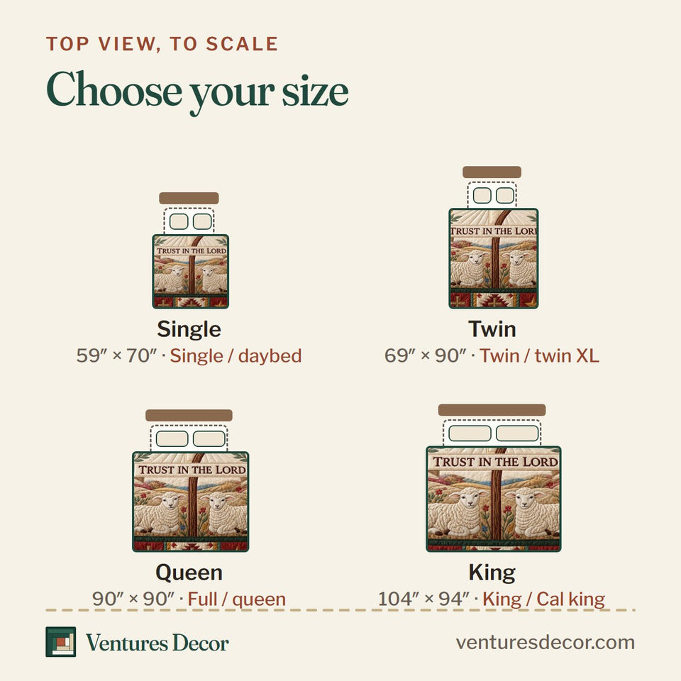 Size guide for the Faithful Shepherd quilt, top view to scale: Single 59 x 70 in, Twin 69 x 90 in, Queen 90 x 90 in, King 104 x 94 in
