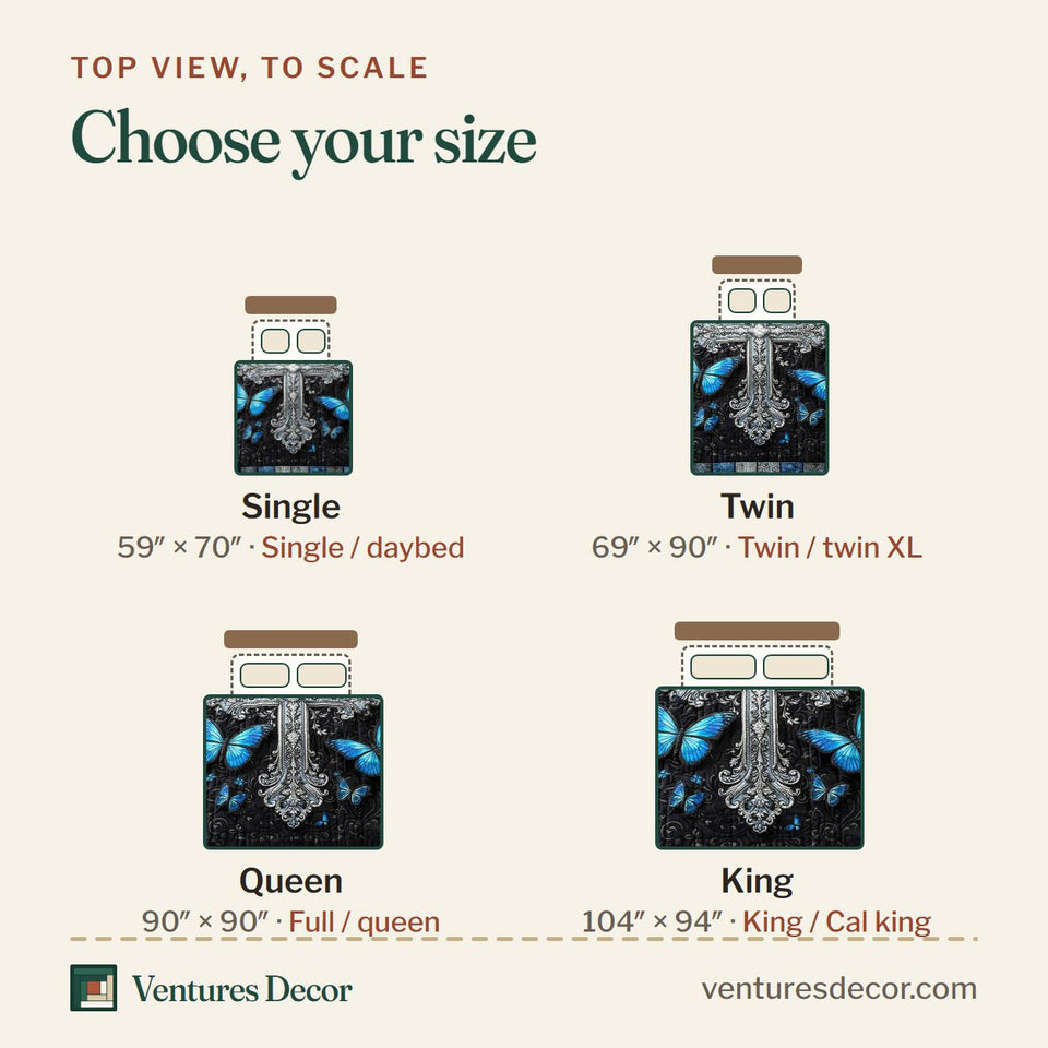 Size guide for the Faithful Sunrise Blue Butterflies on Black quilt, top view to scale: Single 59 x 70 in, Twin 69 x 90 in, Queen 90 x 90 in, King 104 x 94 in