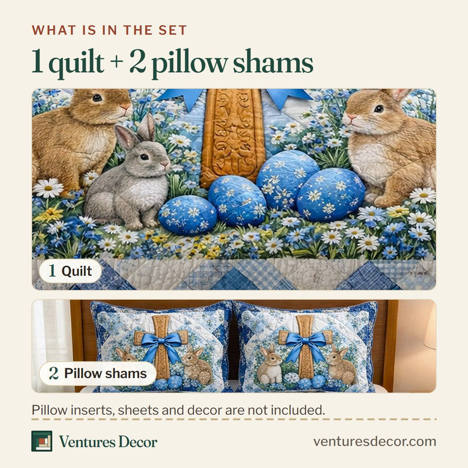 What is in the set: one quilt and two pillow shams, shown in the Faithful Sunrise Bunnies and Blue Ribbon design