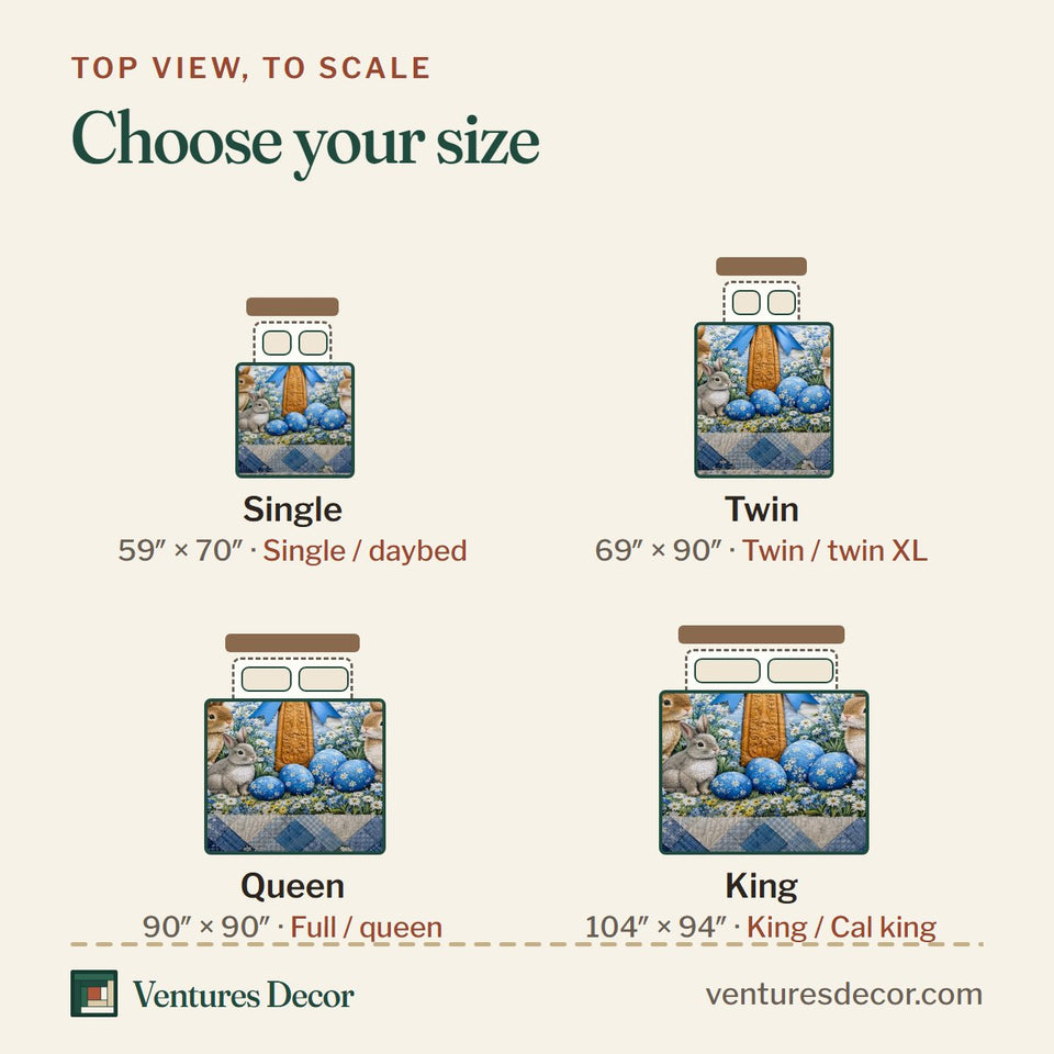 Size guide for the Faithful Sunrise Bunnies and Blue Ribbon quilt, top view to scale: Single 59 x 70 in, Twin 69 x 90 in, Queen 90 x 90 in, King 104 x 94 in